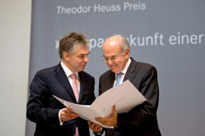 epa04750977 Vassilios Skouris (R), President of the European Court of Justice (ECJ), receives the 50th Theodor Heuss prize from the chairman of the Theodor Heuss foundation, Ludwig Theodor Heuss (L) during the award ceremony for the Theodor Heuss Prize in Stuttgart, Germany, 16 May 2015. The European Court of Justice (ECJ) was honoured on 16 May 2015 with the prestigious Theodor Heuss prize by the eponymous foundation for its contribution to democracy and its role in reinforcing the fundamental rights of EU citizens. ECJ President Vassilios Skouris accepted the award in Stuttgart with German President Joachim Gauck also in attendance. It is the 50th time the prize has been awarded.  EPA/DANIEL NAUPOLD